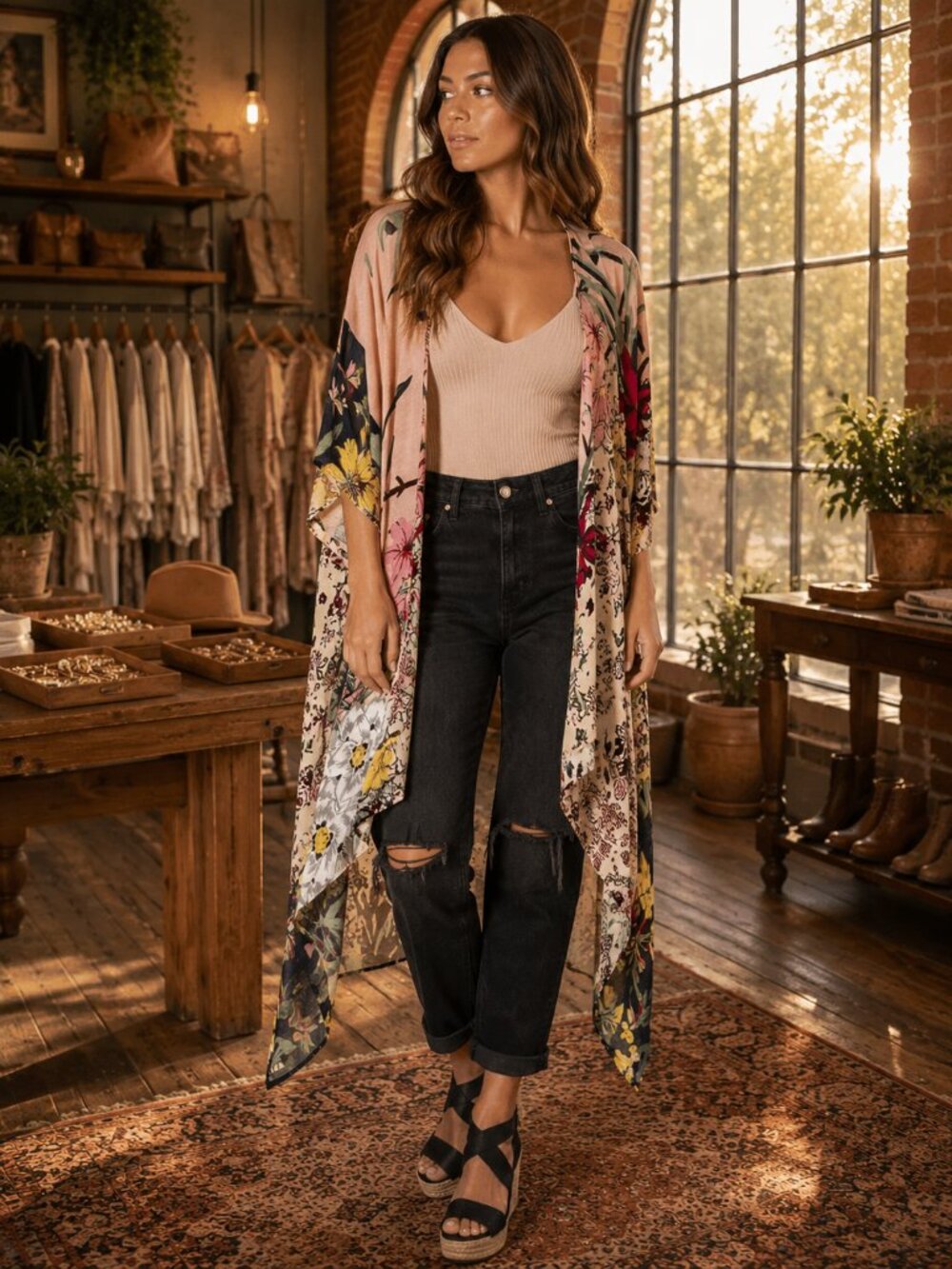 Floral Print Kimono Lightweight Boho Duster Airy Cardigan